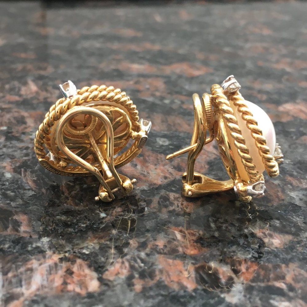 Tiffany & Co. 18K Yellow Gold Platinum Schlumberger Mabe Pearl Diamond Earrings - Picture 2 of 6
